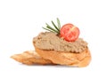 Fresh bread with delicious liver pate, rosemary and tomato on white background Royalty Free Stock Photo