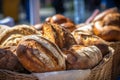 Fresh bread at a farmers market. Loaves of bread displayed in basket. Generative AI Royalty Free Stock Photo
