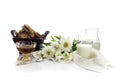 The fresh bread, honey and milk and a vase with white daisies Royalty Free Stock Photo