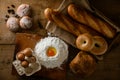 Fresh bread image. Breads,baguettes,bagels and flour with some eggs.