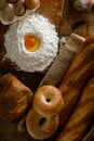 Fresh bread image. Breads,baguettes,bagels and flour with some eggs.