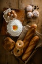 Fresh bread image. Breads,baguettes,bagels and flour with some eggs.