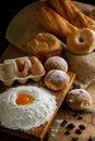 Fresh bread image. Breads,baguettes,bagels and flour with some eggs.