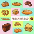 Fresh bread loaf banner vector illustration. Baking loaves, bagels and ciabatta. Whole grain baguette, croissant and Royalty Free Stock Photo