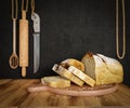 Fresh bread with oat sliced on a slate cutting board photo background copy space