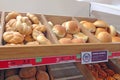 Fresh bread rolls in a bakery.