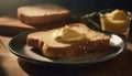 Fresh bread slice with butter on plate. Tasty breakfast on wooden kitchen table