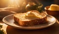 Fresh bread slice with butter on plate. Tasty breakfast on wooden kitchen table