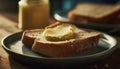 Fresh bread slice with butter on plate. Tasty breakfast on wooden kitchen table