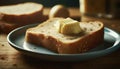 Fresh bread slice with butter on plate. Tasty breakfast on wooden kitchen table