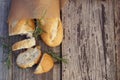 Fresh bread slice pastry on rustic table, copy space Royalty Free Stock Photo