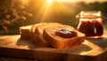 Fresh bread slice with sweet fruit or berry jam on wooden board. Tasty and sweet breakfast Royalty Free Stock Photo