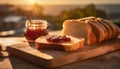 Fresh bread slice with sweet fruit or berry jam on wooden board. Tasty and sweet breakfast Royalty Free Stock Photo