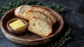 Fresh bread slices with butter, rustic setting Royalty Free Stock Photo