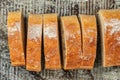 Fresh bread. Texture of sliced loaf of bread Italian ciabatta. Food recipe background. Close up Royalty Free Stock Photo