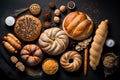 Fresh breads, pastries, buns and sweet rolls on black background, top view, flat lay