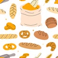 Fresh breads pattern. Bakery pastry products seamless banner. Whole grain and wheat bread. Colored bakery products