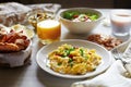 Fresh breakfast food. Scrambled eggs and orange juice. Royalty Free Stock Photo