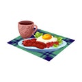 Fresh breakfast with a fried egg, lettuce, sausages and beans and a cup of drink. Vector illustration in cartoon style.