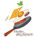 Fresh breakfast, frying pan, fried egg, bacon, greens and cheese. Color illustrations in the style of hand drawing