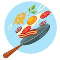 Fresh breakfast, frying pan, fried egg, bacon, greens and cheese. Color illustrations in the style of hand drawing