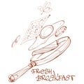 Fresh breakfast, frying pan, fried egg, bacon, greens and cheese outline drawing