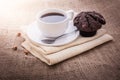 Fresh breakfast, hot coffee and cupcakes Royalty Free Stock Photo