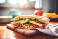 Fresh breakfast sandwich with egg, cheese, bacon, tomatoes, lettuce, cucumbers and onions in sunlit kitchen. Generative AI
