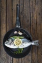 Fresh bream fish with herbs and spices on a pan