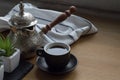 Fresh breved coffe in cezve, traditional turkish coffee pot, cup of coffee, succulent Royalty Free Stock Photo