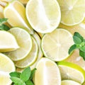 Fresh and bright background with slices of lemons, limes and mint Royalty Free Stock Photo