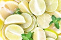 Fresh and bright background with slices of lemons, limes and mint Royalty Free Stock Photo