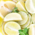 Fresh and bright background with slices of lemons, limes and mint Royalty Free Stock Photo