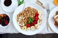 Fresh and bright continental breakfast table, abundance healthy meal variety crunch cereal, french toast, fruits, lemonade, coffee