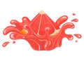 Fresh bright cut slice grapefruit juice splash burst isolated on white background. Summer fruit juice. Cartoon style. Vector