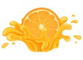 Fresh bright orange, mandarin or tagerine juice splash burst isolated on white background. Summer fruit juice. Cartoon style. Royalty Free Stock Photo