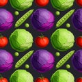 Fresh bright vegetables green and red cabbage, tomato and peas seamless pattern on black background.
