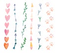 Fresh and bright watercolor design elements: hearts, arrows, traces. Set of hand drawn abstract colorful objects