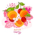 Fresh, bright whole and halved apricots, leaves, fruits on an abstract background. Doodle Royalty Free Stock Photo