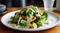 Fresh broccoli and cauliflower salad with Tahini dressing on plate Royalty Free Stock Photo