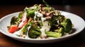 Fresh broccoli and cauliflower salad with Tahini dressing on plate Royalty Free Stock Photo