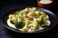 Fresh broccoli and cauliflower salad with Tahini dressing on plate Royalty Free Stock Photo