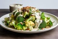 Fresh broccoli and cauliflower salad with Tahini dressing on plate Royalty Free Stock Photo