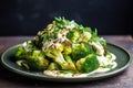 Fresh broccoli and cauliflower salad with Tahini dressing on plate Royalty Free Stock Photo