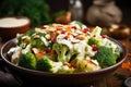 Fresh broccoli and cauliflower salad with Tahini dressing on plate Royalty Free Stock Photo