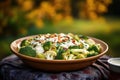 Fresh broccoli and cauliflower salad with Tahini dressing on plate Royalty Free Stock Photo