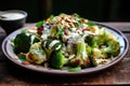 Fresh broccoli and cauliflower salad with Tahini dressing on plate Royalty Free Stock Photo
