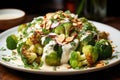 Fresh broccoli and cauliflower salad with Tahini dressing on plate Royalty Free Stock Photo
