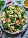 Fresh broccoli and cauliflower salad with Tahini dressing on plate Royalty Free Stock Photo