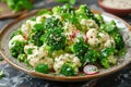 Fresh broccoli and cauliflower salad with Tahini dressing on plate Royalty Free Stock Photo